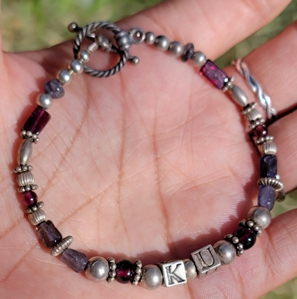 Chunky handmade personalized bracelet "KU" with amethyst and garnet